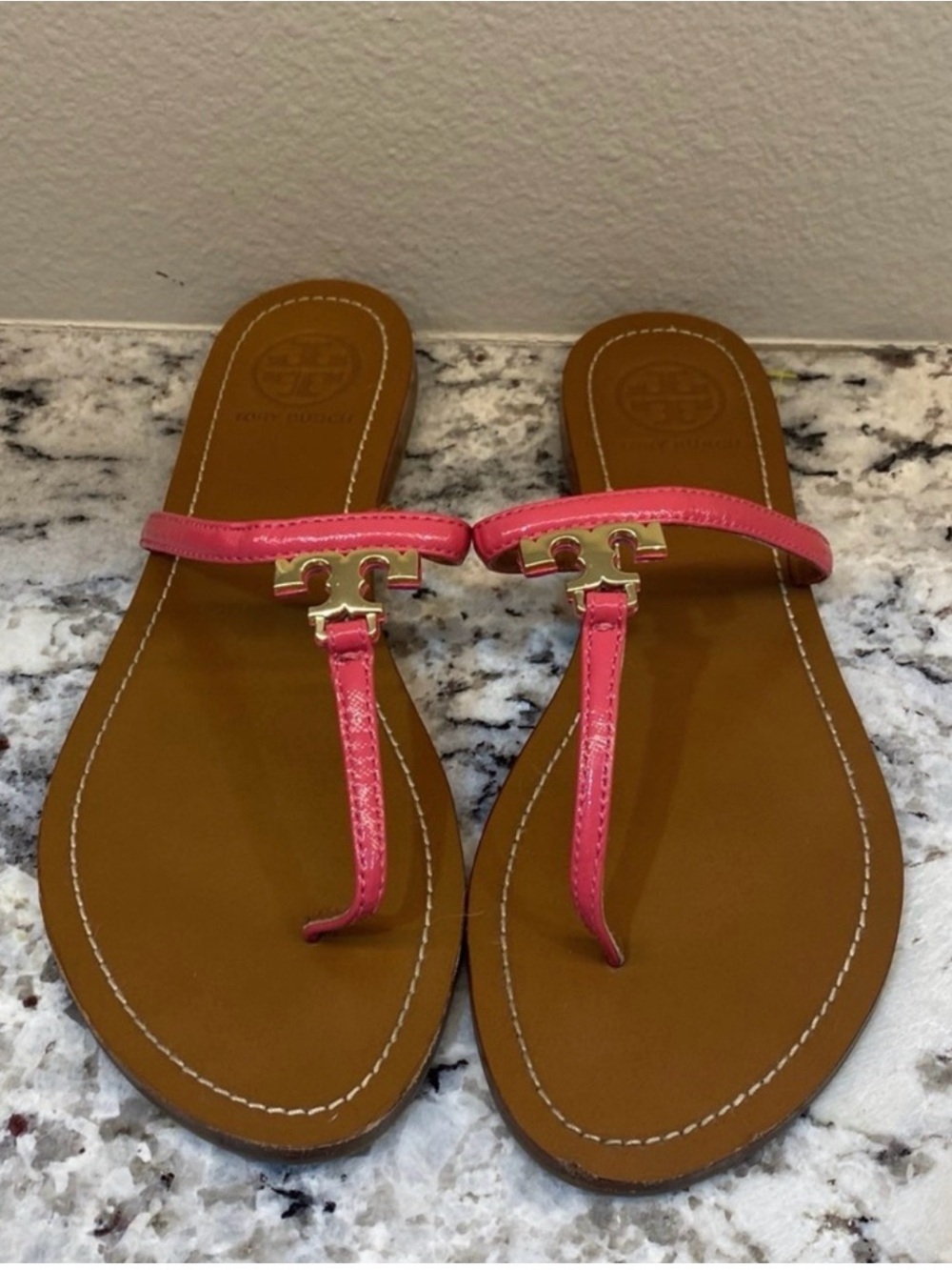 Tory Burch Pink Logo T-Strap Sandals
